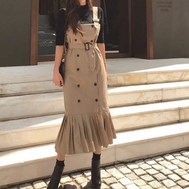 ダブルボタン プリーツワンピース ベージュ Cawaiiセレクト