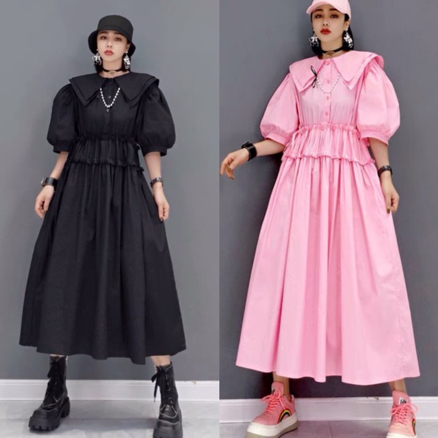 2カラー ピンク 黒 ワンピース ゆったり Loveysmileshop