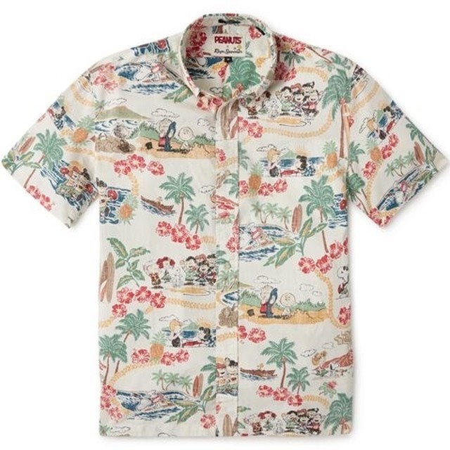 Reyn Spooner スヌーピーコラボ メンズアロハシャツ クラシックフィット ピーナッツ イン ハワイ ホワイト Alohaoutlet Motomachi