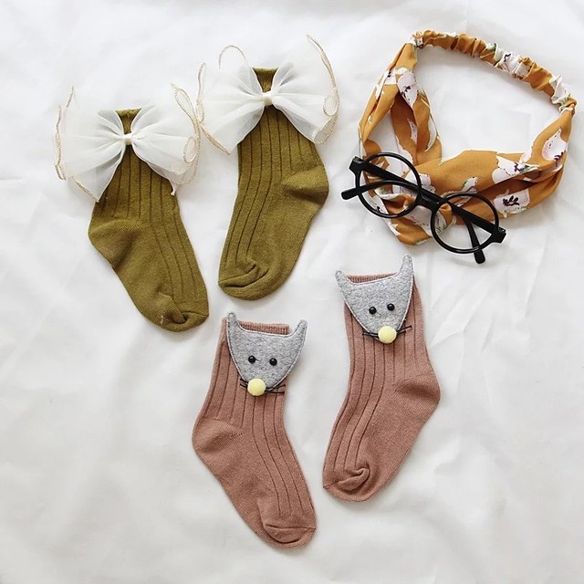 2個セット プレゼントにも 子ども用ソックス 靴下 キッズ 子供用 ガールズ ネズミさん 白色リボン Hikari Socks インポート靴下 専門店です