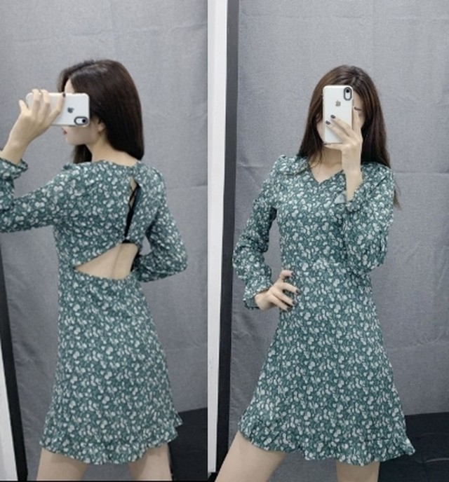 ワンピース レディース 花柄ワンピース ショート丈ワンピース Vネック バックセクシー フリル ハイウエスト Happy Toon