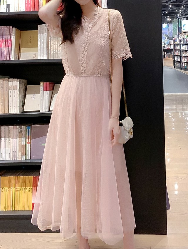 レースワンピース ロング丈 ミモレ丈 スタンドカラー 半袖 総レース チュール 無地 Xライン aライン ゆったり シースルー ウエストゴム フレア フェミニン エレガント 春夏 お出かけ デート ハイウエスト Dea