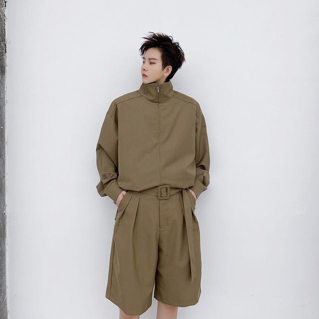 予約販売 メンズ セットアップ 上下 ハーフパンツ 長袖シャツ ハイネック ブラック ベージュ カジュアル 春夏 M L Xl Favoriteselect