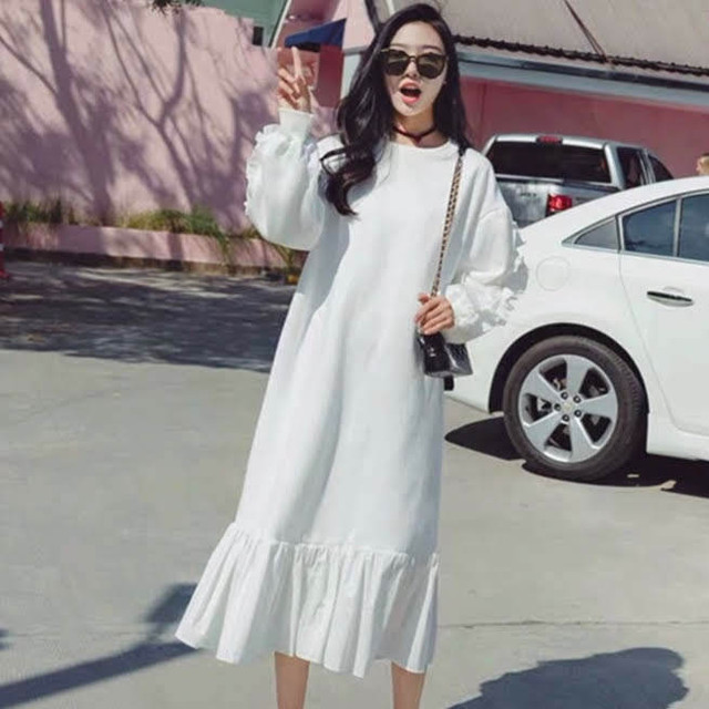 フリル袖スウェットロングワンピース 裾フリル 全3色 Liliana