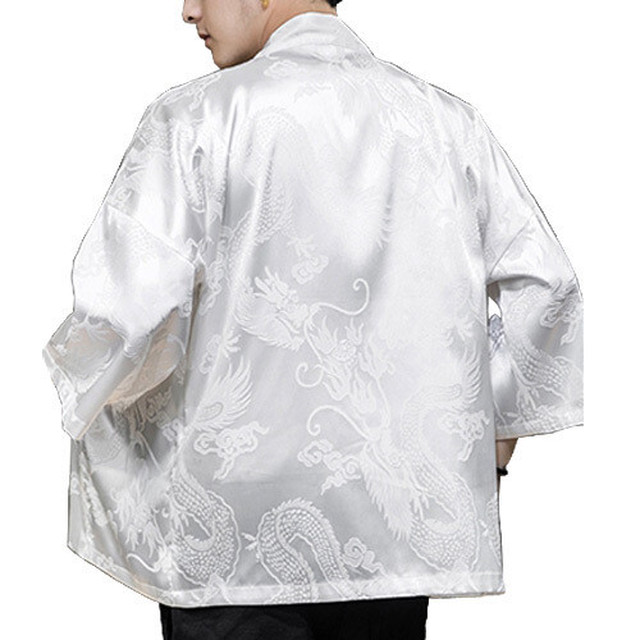 No 6706 ホワイト ｍ 龍柄ボタンレスジャケット ドラゴンパターン 編み込み模様 カーディガン風 コットンリネン メンズ Next Dream