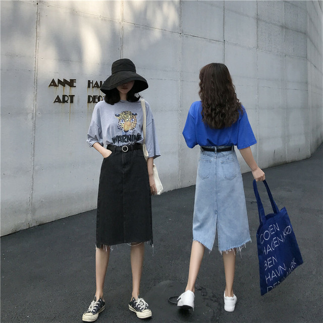 双子コーデに デニムスカート ダメージデニム スリット ひざ丈スカート ミモレ丈 カジュアル シンプル ショッピング お出かけ 夏 Shop Suba