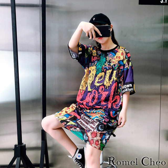 Romelcheo メルト プリント メッシュ Tシャツ ロング丈 ミニワンピース レディース 落書き 個性的 個性派 派手 ストリート系 原宿系 韓国 カジュアル ファッション ロメルチェオ Romelcheo