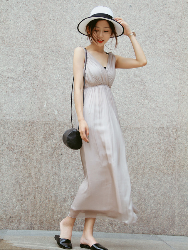 シフォンワンピース ロングワンピース シルク ロング丈 深vネック ノースリーブ 無地 着痩せ フレア フォーマル エレガント 春夏 お呼ばれ ウエストマーク 白 黒 ベージュ Prism One プリズム ワン