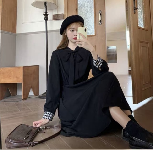 レディースファッション セットアップ ロングワンピース ベスト フレンチワンピース 千鳥柄 ガーリーコーデ 秋冬コーデ 2色 新作 2点セット More Lluze モア ルーゼ