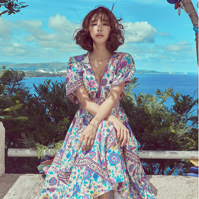 新作 エキゾチック 花柄 リゾート ドレス ワンピース Beishizu