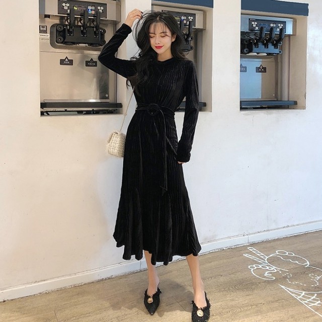 大人っぽコーデ ロングワンピース ベロア フィッシュテール カジュアル 秋冬 ウエストリボン ハイウエスト レディース ワンピースドレス デート お出かけ パーティー フォーマル 食事会 Ptnym2691 Shop Suba