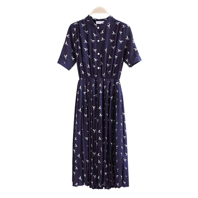 春夏セール レトロ バード プリント プリーツ ワンピース デート 代30代 レディース 柄ワンピース アニマル ワンピース 柄 プリント プリントワンピース レトロワンピース レトロ ワンピ おしゃれ 大人 可愛い 半袖 きれいめ 女子会 ホワイト ネイビー 森ガール