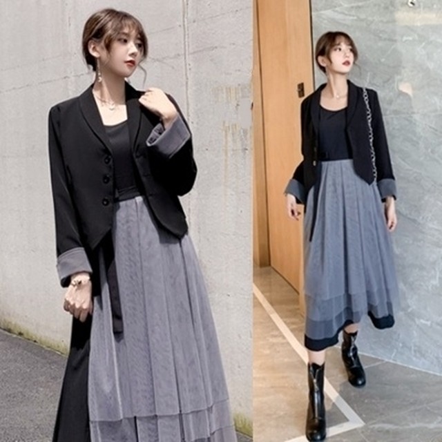 セットアップ レディース カジュアル きれいめ おしゃれ 春 春秋 ワンピースセット ミモレ丈 ひざ下丈 ワンピース ワンピ ドレス チュール ノースリーブ リボン ブラック 黒 グレー 大きいサイズ Xl 2xl 3xl 4xl 代 30代 40代 50代 Like Fashion