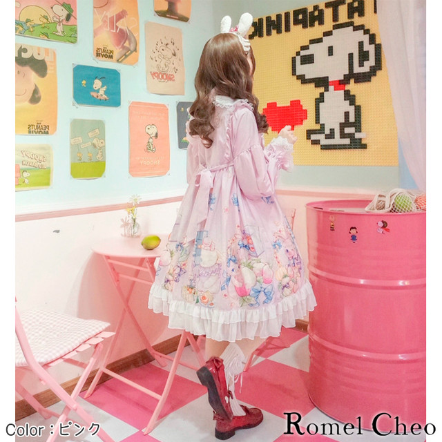 お支払い確認後日以内発送 Romelcheo ヘッドドレス付き ラビット フルーツ ワンピース うさぎ柄 フルーツ柄 リボン 長袖 膝丈 パステルカラー 甘ロリ メルヘン 大人可愛い ゆめかわ ガーリー ロリータ スイート系 ファッション ロメルチェオ Romelcheo