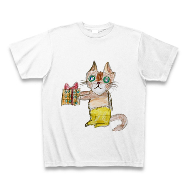 プレゼントを持った猫のtシャツ 白 ホワイト こどもショップ 子供によるオリジナルデザイン 手作りハンドメイド