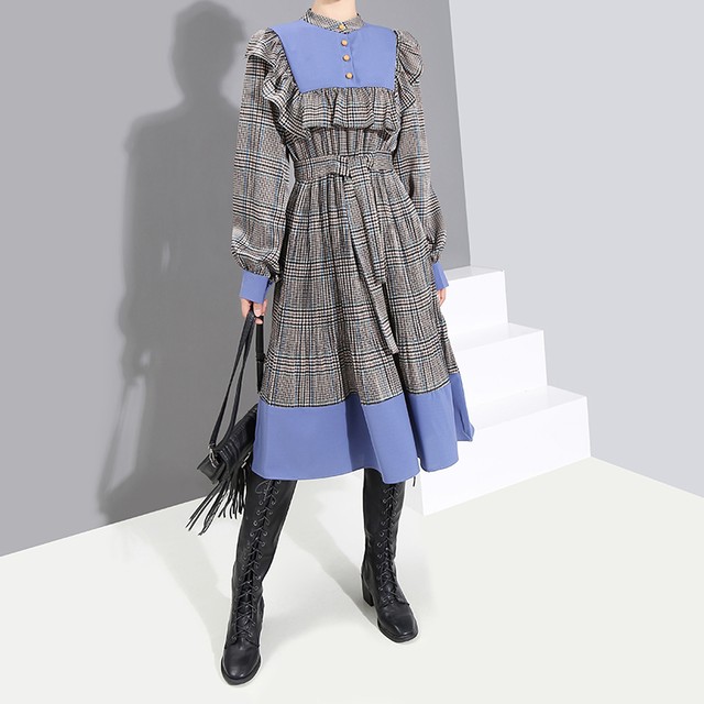 ワンピース 長袖ワンピース チェック柄 チェック柄ワンピース ミドル丈 レトロ レトロワンピース 春 秋 コーデ あまい ウエストリボン リボン フレアスカート Ukiukionepicec