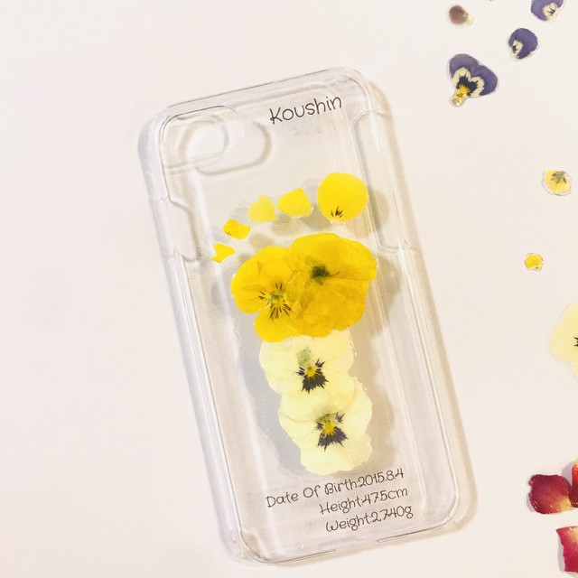 手形足形フローティングフラワーアートスマホケース押し花押しフルーツ黄色系 手形足形アート花フラワーメモリアルグッズとハンドメイドminato