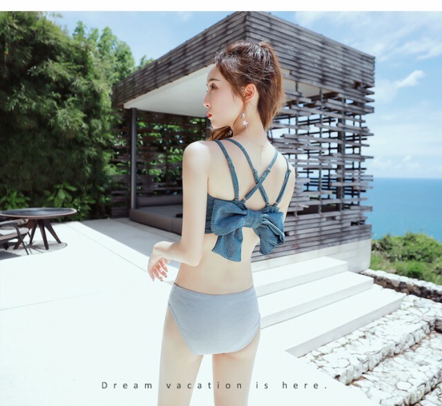 水着 ビキ二 ポリエステル バンドゥビキニ 無地 小胸 バッククロス バックリボン セクシー 代 夏 ビーチ リゾート 短パン 青 Seaside Hanano