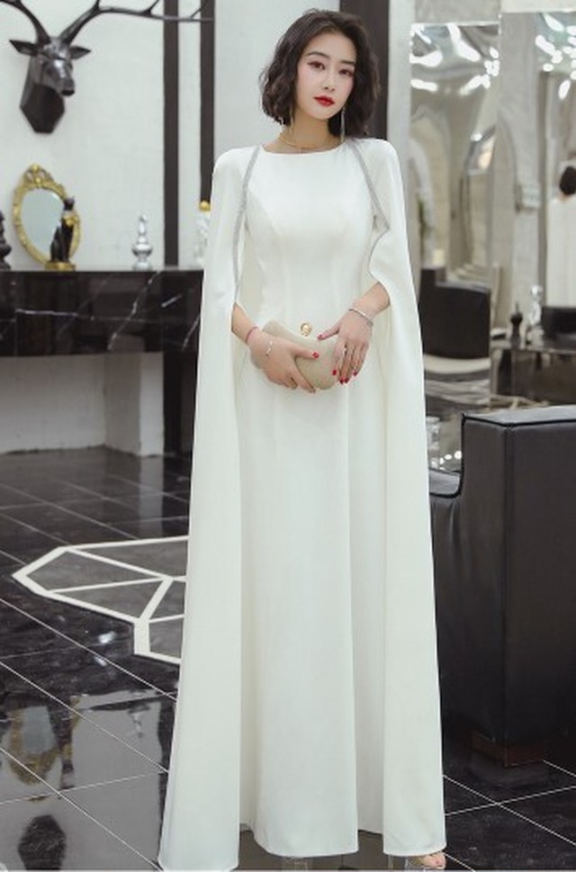 美品 パーティードレス ホワイト ミディアムドレス マント ステージ衣装 舞台ドレス 司会者 Ynswedding23