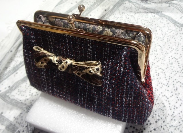 リボン ツイード化粧ポーチ がま口 財布 大東 おおひがし