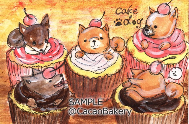 コロコロ キュートなカップケーキ 豆柴子犬デザインの水彩画ポストカード よしまげstyle