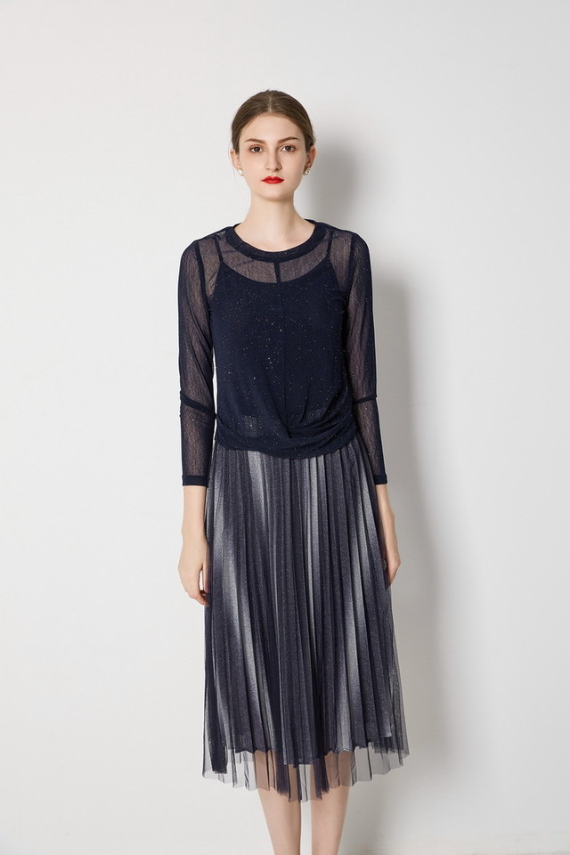 トップス 付き ラウンドネック 長袖 ドット ラメ シースルー プルオーバー ワンピース キャミワンピース ロングワンピース プリーツワンピース プリーツワンピ ワンピ キャミワンピ ロングワンピ ロング丈 ノースリーブ 袖なし 無地 Aライン 着痩せ 体型カバー大人可愛い