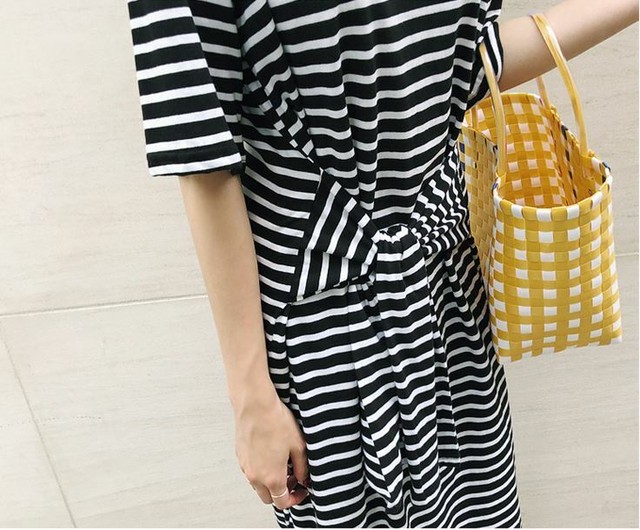 ワンピース ボーダー 半袖 ミディ丈 体型カバー ウエストコンシャス Tワンピ 大人カジュアル レディース ファッション 韓国 オルチャン Cocotown