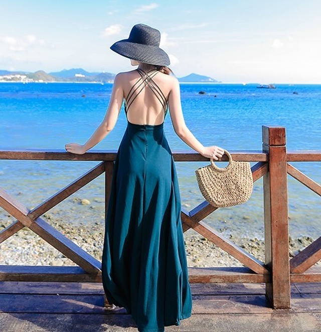 ワンピース リゾートワンピース Vネック ドレスワンピース レディース ロング丈 バックオープン バッククロス セクシー お呼ばれ Ab1775 Valentina210