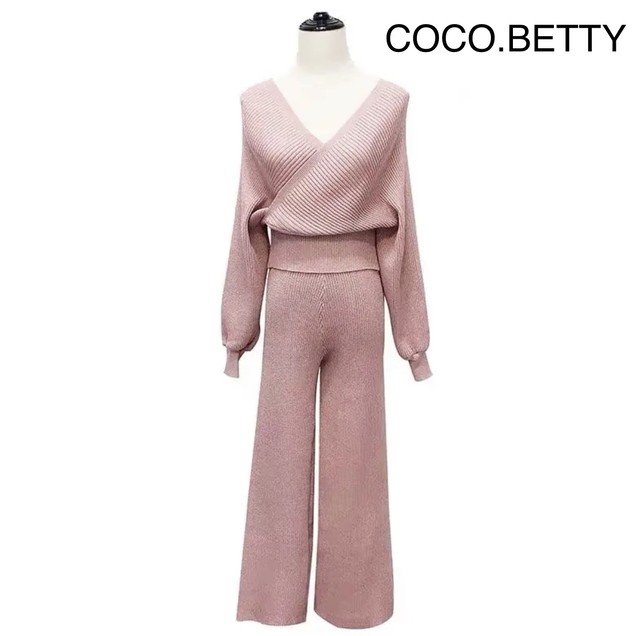 再入荷 オフショルダー パンツ セットアップ 3色 Coco Betty