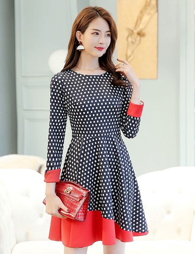 レトロ ドット柄 ショート丈 エレガント ミニ丈 バイカラー 七部袖 ワンピース 韓国 オルチャン 新作 春夏 秋冬 春 秋 冬 Ut 239 Musubi Me 韓国 オルチャン レディースファッションのお店