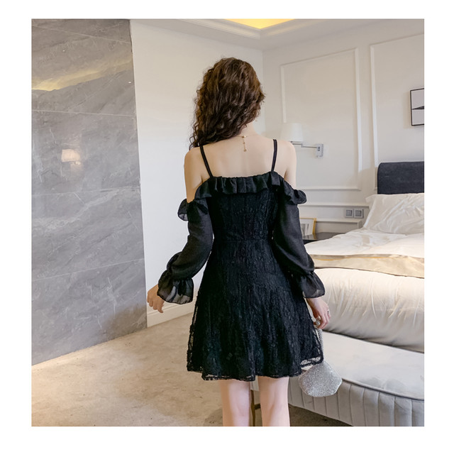 オープンショルダードレス ワンピース 長袖 レース しぼり袖 ミニスカート 白 黒 かわいい Select Shop Skry スクリー