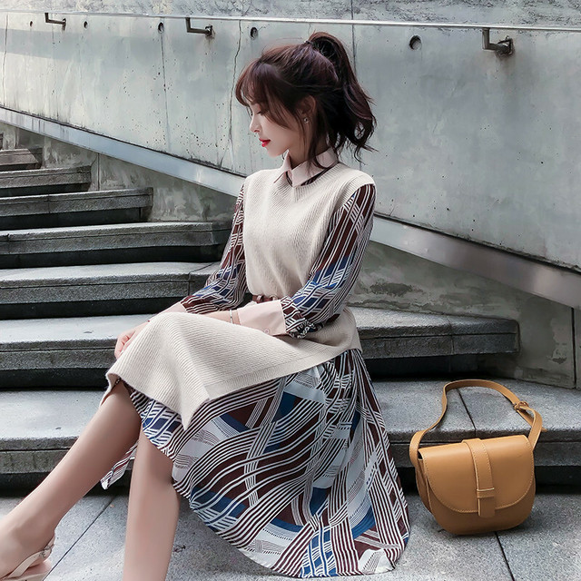 シャツワンピース 膝丈 ストライプ ニットベスト ベージュ ブラウン きれいめ レトロ ガーリー おしゃれ 女子会 秋 冬 Fsk1176 Alice Mode アリスモード
