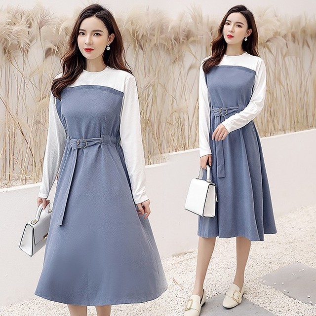 大きいサイズ レディース 重ね着風ワンピース 長袖 春夏 ライトブルー ブラック S 大きいサイズ 送料無料 レディース通販店 ｋｅｃｃｈi 静岡 Base売り場