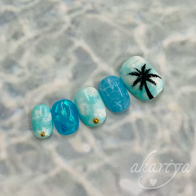 008 水面 ブルー シルエット ビーチ サーフ系 海 ネイルチップ 緋り家 Akariya