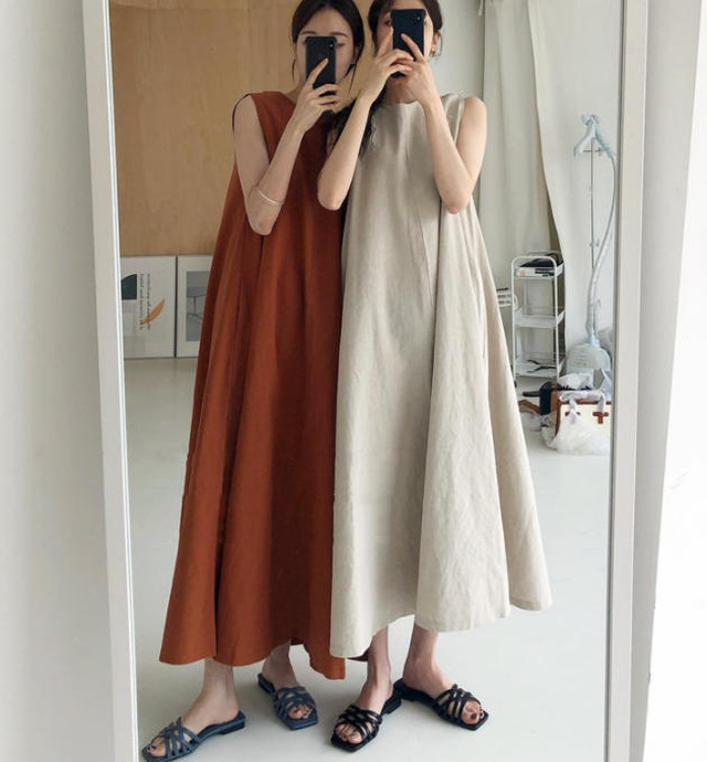 送料無料 リネンワンピース 春 きれいめ ロング ノースリーブ ゆったり カジュアル 大人 上品 シンプル ベーシック 30代 40代 ベージュ レッド Op 128r Imagibune