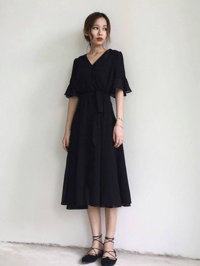 ロングドレス 黒 ドレス ワンピース 黒 お呼ばれ ワンピース フォーマル ワンピース 大きいサイズ 入学式 Vネック シフォン Jm43 Dress No Sato