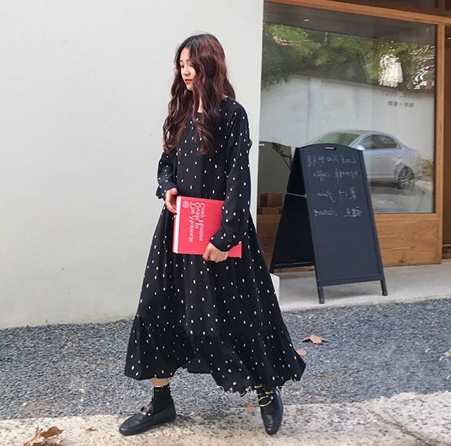 ドット柄ロングワンピース ルーズ フリル ゆったりコーデ 体型カバー 女子力アップ 女子会 同窓会 春服秋服冬服potj3215 Ty Myfa Pm マイフェイプレママ