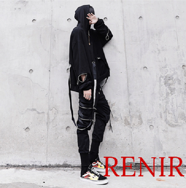 Renir レニール メンズ パーカー ストリート系 黒 フード ブラック モード系 アウター ゆったり 紐付き 個性的 Renir レニール メンズファッション レディースファッション