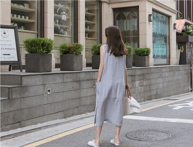 コットンとリネン ストライプのvネック ノースリーブ サイドスリット ワンピース 505 Leaflower 001 リーフラワー レディースファッション専門店