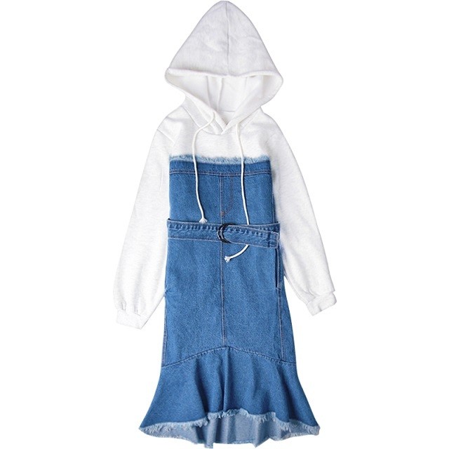 ワンピース デニム パーカー レイヤード風 Aライン ひざ丈 長袖 シンプル 春 新作 レトロ フェミニン ガーリー かわいい T0947 Kireina Mizugi