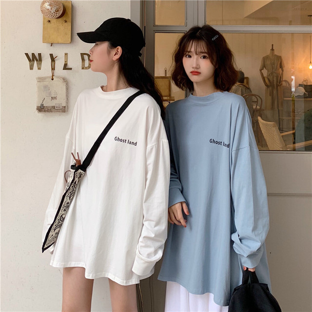 オーバーサイズ ロゴ ロングtシャツ ロンt カットソー ミニ ワンピ フォトプリント デザイン おしゃれ カジュアル メンズライク ブルー ホワイト 長袖 ドロップショルダー シンプル ユニーク バックデザイン 秋冬 シンプル ゆったり ビッグシルエット 体型カバー 着痩せ