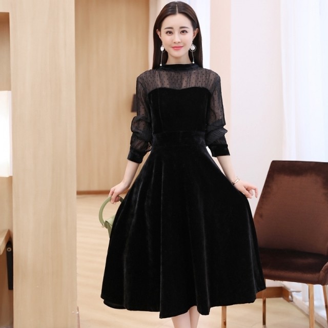 ドレス 結婚式 二次会 パーティー ワンピース ドット チュール ひざ下丈 ハイネック 長袖 Xライン 透け感 シースルー 大人可愛い きれいめ 春夏 お呼ばれ ドレスワンピ 黒 Fk1543 Alice Mode