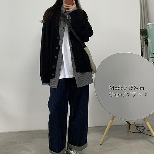 ニットカーディガン レディース ゆったり 長袖 ニット アウター V ネック 黒 無地 シンプル おしゃれ デザイン 秋冬 コーデ Infini Arc En Ciel