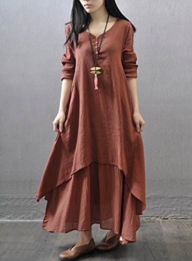 W18 マキシワンピース 綿麻リネン 森ガール ロングワンピース Hikarieshop