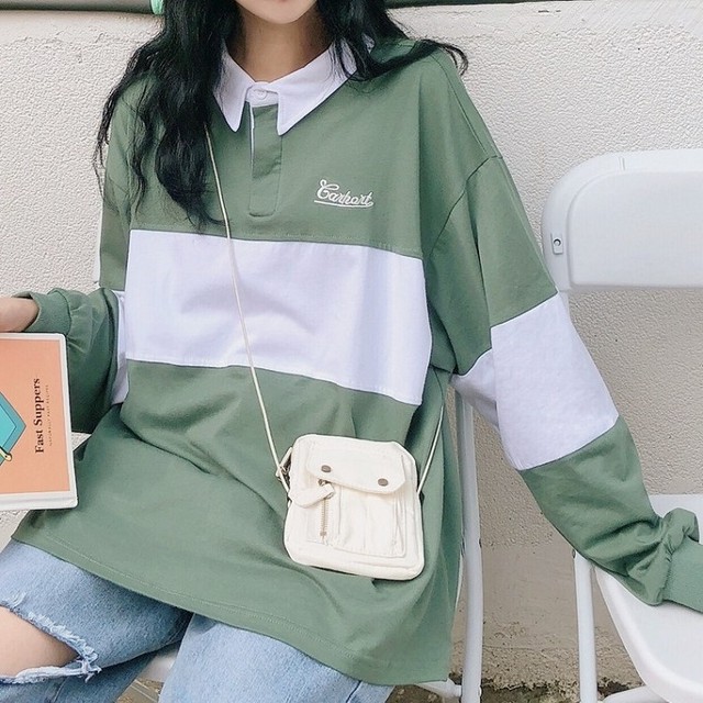 大きいサイズ レディース トップス 春秋 ポロシャツ ラガーシャツ 長袖 ポロカラー オーバーサイズ シンプル カジュアル おしゃれ 大人可愛い スポーティー メンズライク お出かけ デート 通勤 通学 学生 キャンパス 旅行 普段着 バイカラー グリーン ブラック Hf