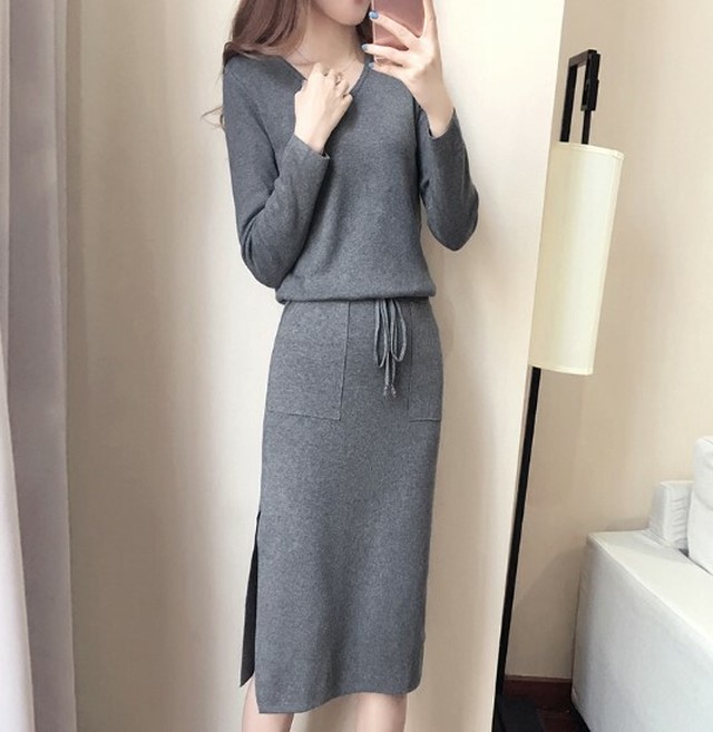 秋物 ワンピース ニットワンピース Vネックワンピース ミモレ丈ワンピース 長袖 ブラウジング タイト お出掛け デート Magnifique