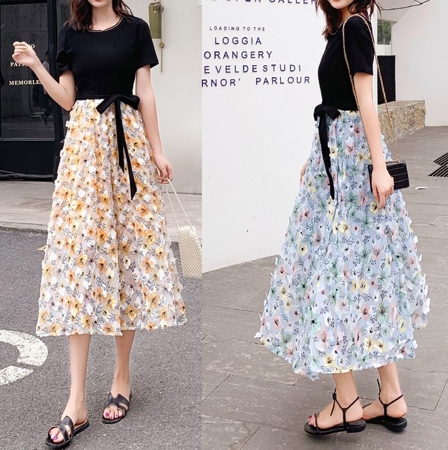 全２色 セットアップ風ワンピース 花柄 ラウンドネック 半袖 Aライン ロング丈 大人可愛い 夏 お出かけ デート 女子会 Dressarroser