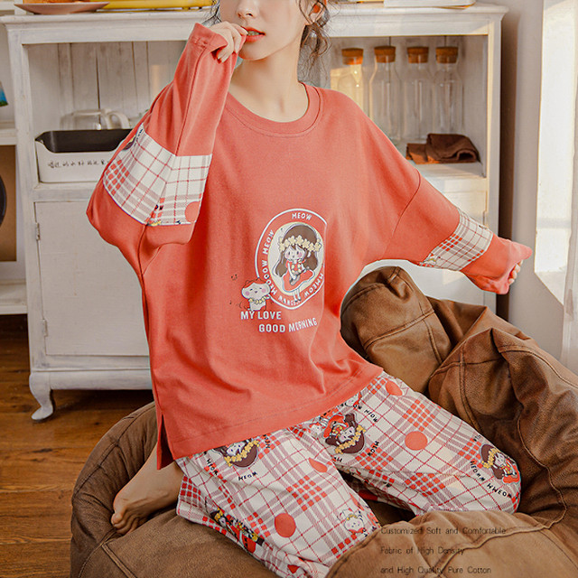 Cute ルームウェア レディース チェック柄 トップス パンツ キャラクター 長袖 ポップ ゆったりシルエット 柔らか素材 リラックス トレンド 着心地 パジャマパーティー お泊り会 おうち時間 10代 代 春 秋 まるの樹 Fashion