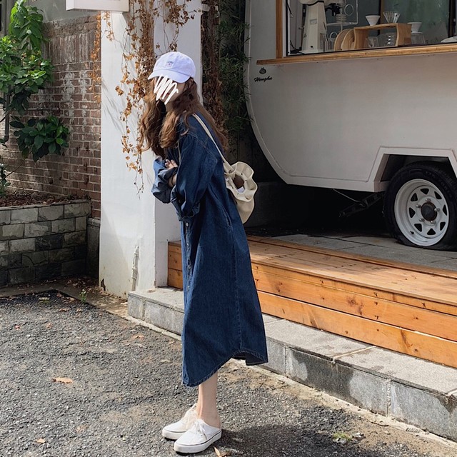 しっかり生地だけど柔らかい ひざ丈下長袖デニムワンピース カジュアル ゆったり デニム シャツワンピース ロング ロングワンピース レディース 無地 春 秋 冬 ワンピース チュニック ゆったり おしゃれ 体型カバー 着痩せ 普段着 デート 韓国レディース キッズ