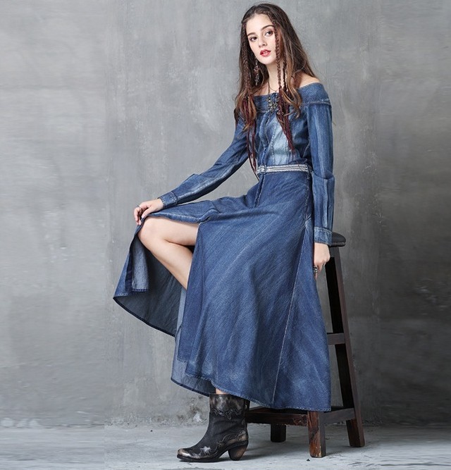 肩見せデニムワンピース刺繍入りベルト付き Ba0022 Baroquist